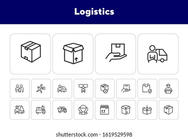 Logistics icon. Set of line icons on white background. Package, express delivery, courier. Delivery concept. Vector illustration can be used for topics like service, freight, business