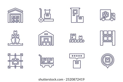 Conjunto de ícones de logística. Estilo da linha. Curso editável. gerenciamento de produto, destino, local, produto, envio, classificação, navio de carga, pilha, carrinho de push, frete.