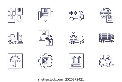 Logistics icon set. Line style. Editable stroke. forklift, overload, trolley, box, delivery truck, cargo crane, hours, add, keep dry, packaging, side up.