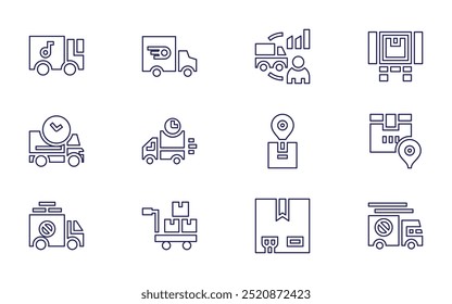 Logistics icon set. Line style. Editable stroke. delivery, supply chain, loaded truck, fragile, drone, fast delivery, door delivery, return box, consultation.