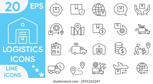 Logistics Icon Set. logistic, delivery, Containing distribution, shipping, transportation, courier, delivery, cargo, freight, route planning, and more.Vector and illustrator set.