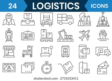 Conjunto de iconos de logística. Icono de esquema de logística de entrega, envío, carga, contenedor de cadena de suministro y más. Ilustración vectorial.