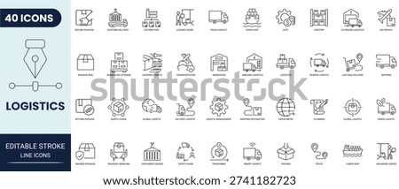 Logistics icon set in outline style. Modern icon collection. Editable stroke Vector Illustration.