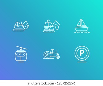 Logistics icon set and parking sign with steamroller, digger and cable car. Ski cabin related logistics icon vector for web UI logo design.
