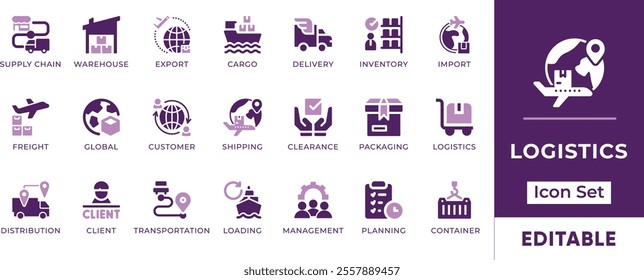 Logistics Icon Set. Representing logistics concepts, including shipping, delivery, transportation, and more. Perfect for logistics, supply chain management, and transportation businesses.