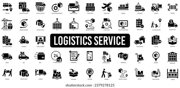 Logistics icon set. Shipping, transportation, delivery, cargo, freight, route planning, export and import icon. Vector illustration