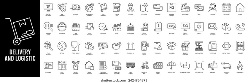 Logistics icon set. Shipping, transportation, delivery, cargo, freight, route planning, export and import icon. Vector illustration