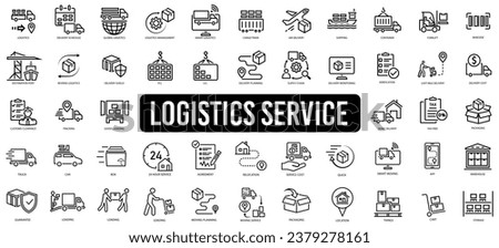 Logistics icon set. Shipping, transportation, delivery, cargo, freight, route planning, export and import icon. Vector illustration