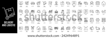 Logistics icon set. Shipping, transportation, delivery, cargo, freight, route planning, export and import icon. Vector illustration