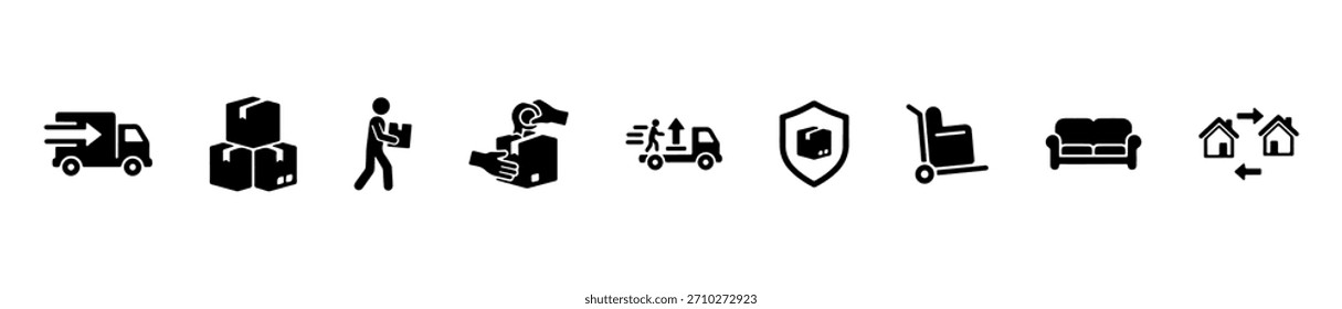 Um conjunto de ícones de logística que mostra entrega, manuseio, proteção e realocação. Ideal para transporte ou serviços visuais.