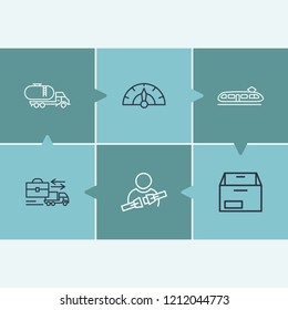 Logistics icon set and speedometer with tank truck, empty box and subway train. Gauge related logistics icon vector for web UI logo design.