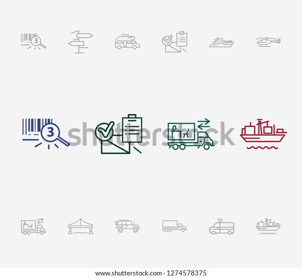 Logistics icon set and suv with yacht, cargo ship\
and moving truck. First aid car related logistics icon vector for\
web UI logo design.