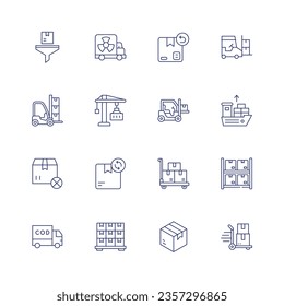 Logistics icon set. Thin line icon. Editable stroke. Containing filter, truck, return, forklift, machinery, harbor crane, import, out of stock, product, trolley, shelf, cash on delivery, wholesale.