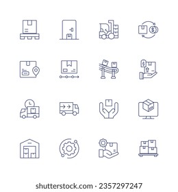 Logistics icon set. Thin line icon. Editable stroke. Containing package, door delivery, cash on delivery, construction vehicle, location, logistics, conveyor belt, delivery, delivery time, truck.