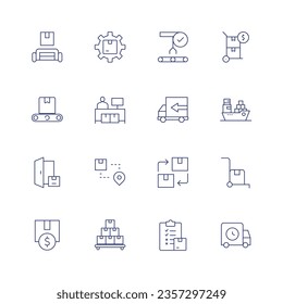 Logistiksymbol eingestellt. Dünne Linie Symbol. Bearbeitbarer Strich. Mit Logistik, Logistik, Förderband, Lastwagen, Schiff, Lieferung, Versand, erneuerbar, Trolley, Investition, Produkt, Inventar, Lieferwagen.