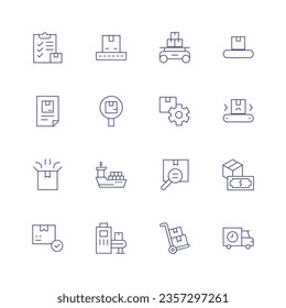 Conjunto de iconos de logística. Icono de línea delgada. Trazo editable. Consta de un paquete, fabricación, entrega, inspección, logística, envío de carga, número de seguimiento, efectivo a la entrega, aprobado, transportador.