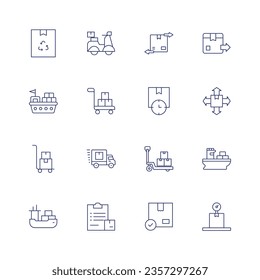 Logistics icon set. Thin line icon. Editable stroke. Containing recycling, scooter, discrepancy, delivery box, container, delivery time, distribution, trolley, hand truck, shipment, ship, delivery.