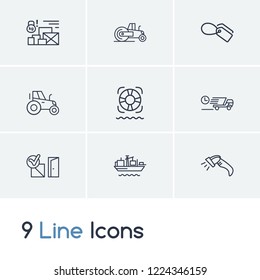 Logistics icon set and tractor with tag, delivery to the door and weight limit. Road roller related logistics icon vector for web UI logo design.