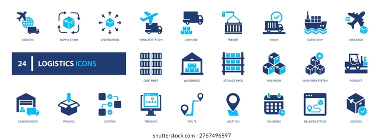Logistics icon set. transport, shipping, supply, warehouse, distribution. solid style icon collection.