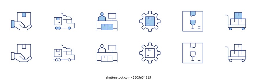 Logistics icon set in two styles, Duotone and Thin Line style. Editable stroke. pick, logistics, logistic, fragile, trolley.