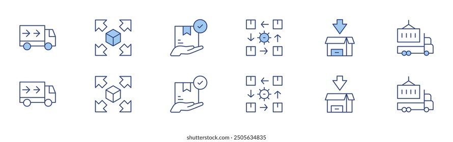 Logistics icon set in two styles, Duotone and Thin Line style. Editable stroke. truck, extendable, delivery box, rotation.