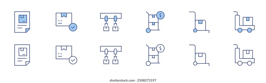 Logistics icon set in two styles, Duotone and Thin Line style. Editable stroke. delivery, approved, logistics, trolley, conveyor belt.