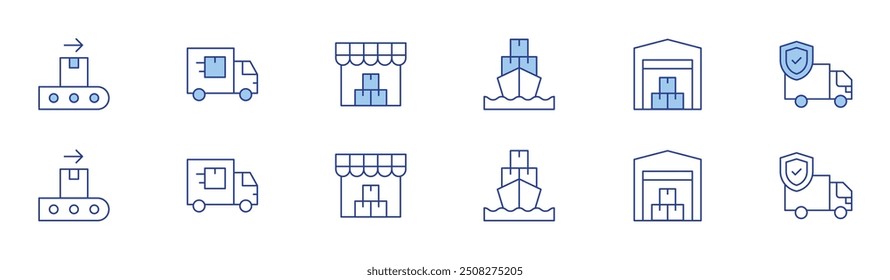 Conjunto de iconos de logística en dos estilos, estilo Duotone y línea fina. Movimiento editable. transportador, logística, comercio, barco de carga, almacén, camión.