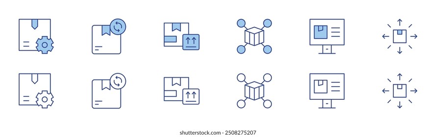 Logistics icon set in two styles, Duotone and Thin Line style. Editable stroke. distribution, tracking, production, product, this side up.