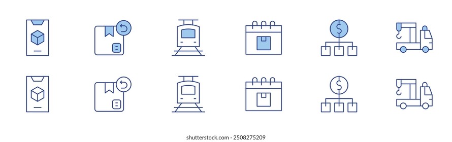 Logistics icon set in two styles, Duotone and Thin Line style. Editable stroke. app, return, train, shipping, value chain, tow truck.