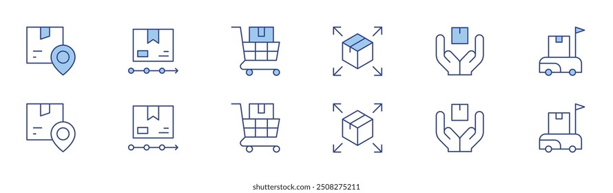 Logistics icon set in two styles, Duotone and Thin Line style. Editable stroke. distribution, package, logistics, secure, delivery box.