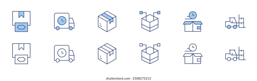 Logistics icon set in two styles, Duotone and Thin Line style. Editable stroke. distributed, timer, forklift, cash on delivery, delivery truck, package.