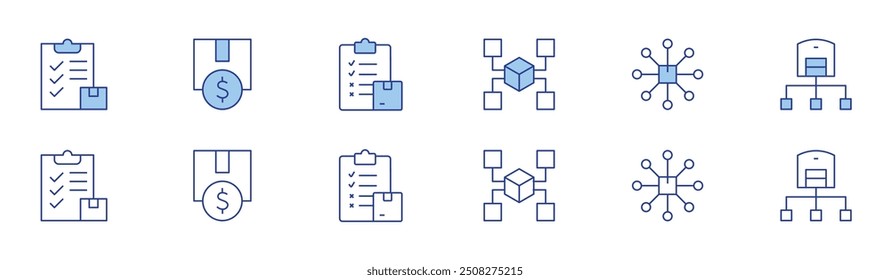 Logistics icon set in two styles, Duotone and Thin Line style. Editable stroke. clipboard, invest, inventory, distribution, logistic, hub.