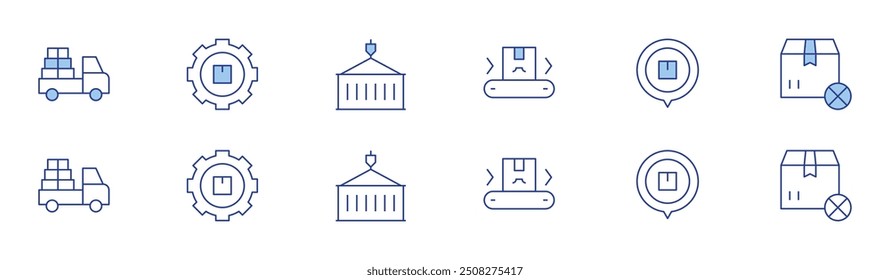 Logistics icon set in two styles, Duotone and Thin Line style. Editable stroke. logistics, location, out of stock, pickup truck, settings, container.