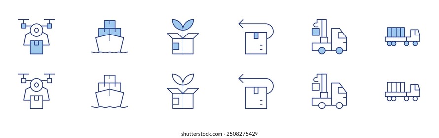 Logistics icon set in two styles, Duotone and Thin Line style. Editable stroke. drone, cargo ship, green logistics, return, crane, truck.