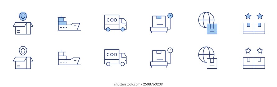 Logistics icon set in two styles, Duotone and Thin Line style. Editable stroke. box, delivery, insurance, ship, rating, cash on delivery.