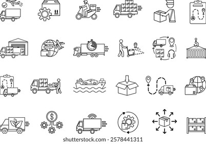 Logistics Icon Set. Vector Icon Delivery, Customs Clearance, Inventory, Loading, Distribution, Packaging, Warehouse, Import, Export, Transportation, Planning, Cargo and Others