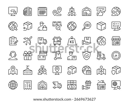 Logistics icon set. Vector line icons collection. Outline symbols. Modern design