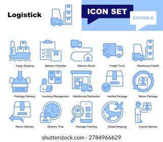 Logistics icon set. Vector symbols for transportation, freight, cargo, warehouse, distribution, shipment, courier, delivery, supplychain