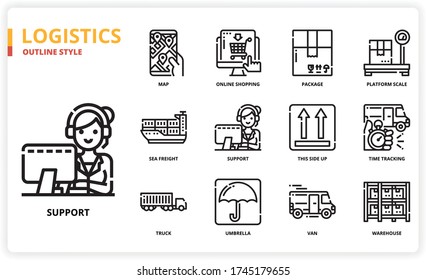 Logistics icon set for web design, book, magazine, poster, ads, app, etc.