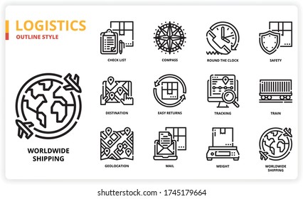 Logistics icon set for web design, book, magazine, poster, ads, app, etc.