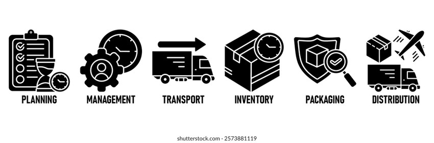 Logistics icon set and web header banner with buildings, trucking, people and shipping box
