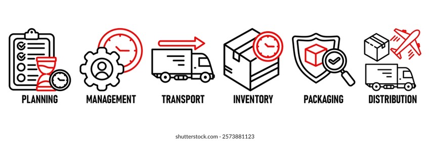 Logistics icon set and web header banner with buildings, trucking, people and shipping box
