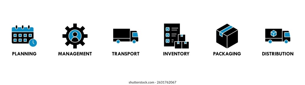 Logistics icon set and web header banner with buildings, trucking, people and shipping box