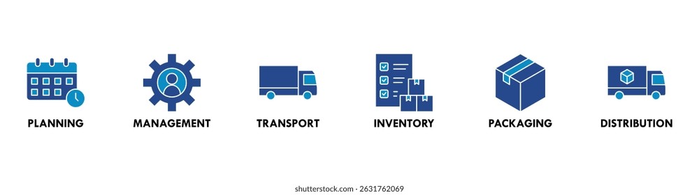 Logistics icon set and web header banner with buildings, trucking, people and shipping box