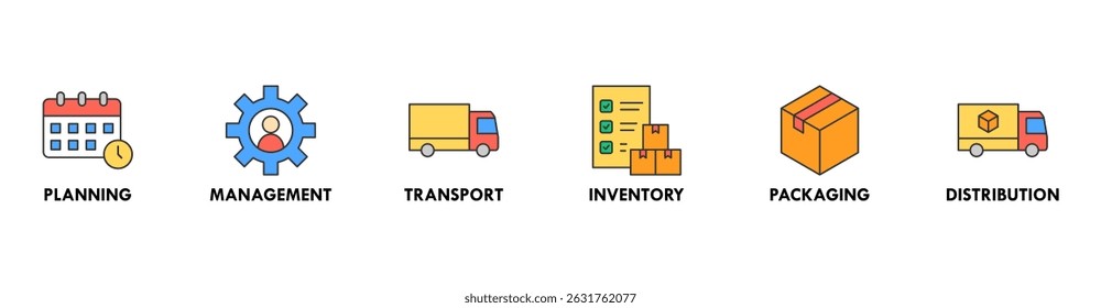 Logistics icon set and web header banner with buildings, trucking, people and shipping box