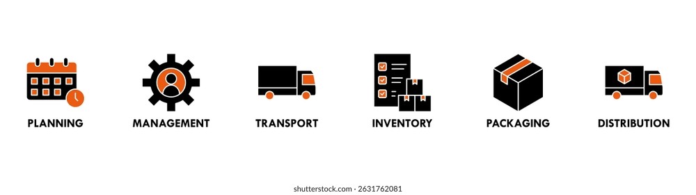 Logistics icon set and web header banner with buildings, trucking, people and shipping box