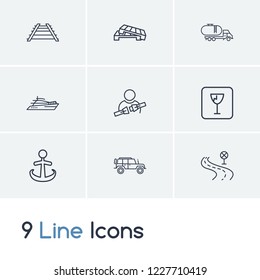 Logistics icon set and yacht with road, suv and fragile sign. Passenger protection related logistics icon vector for web UI logo design.