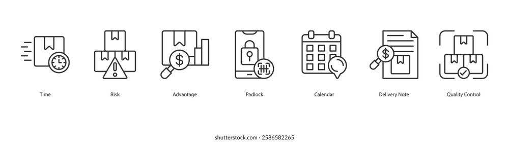 Logistics Icon Sheet Time, Risk, Advantage, Padlock, Calendar, Delivery Note, Quality Control