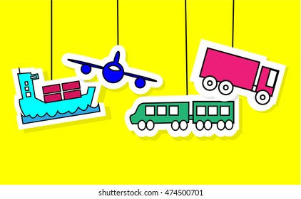 Logistics icons of airplane, vessel, train and truck with yellow background
