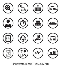 Iconos logísticos. Diseño Plano Negro En Círculo. Ilustración vectorial.